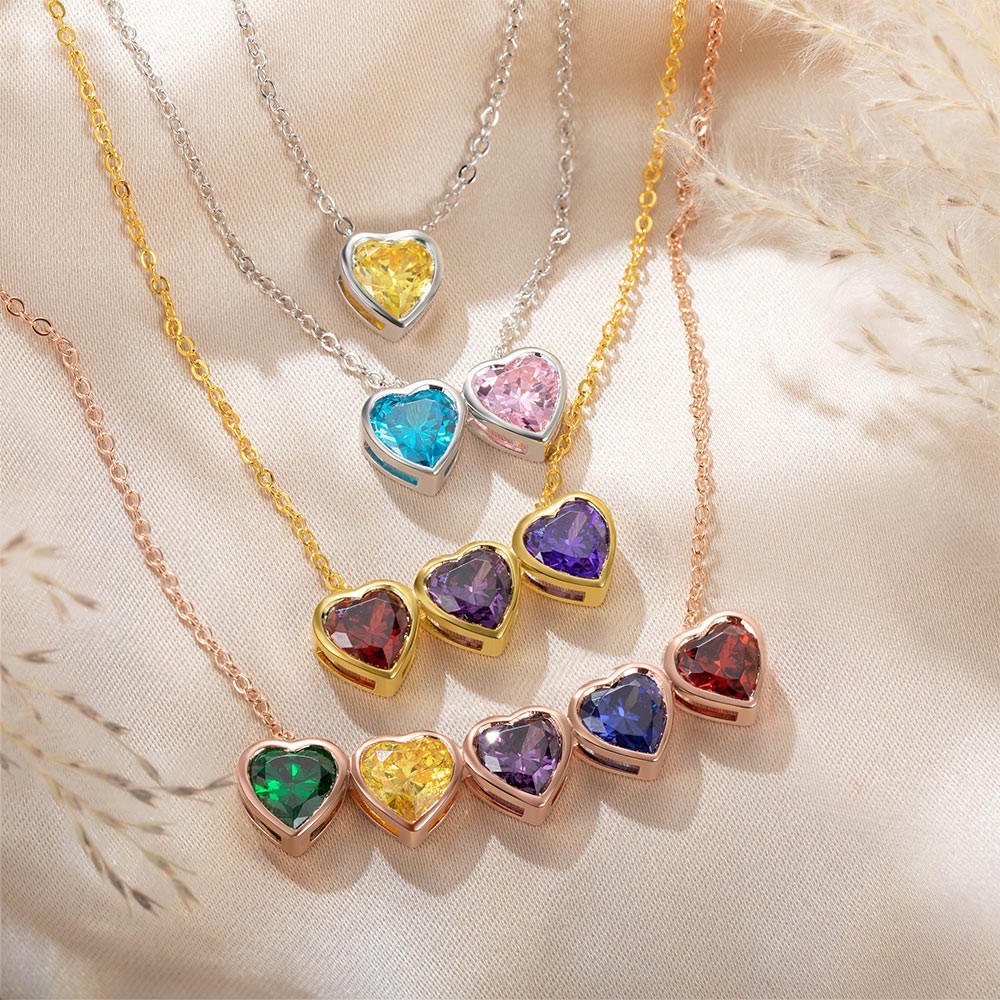 Personalized Heart Birthstone Necklace, Multiple Heart Shape Birthstone Jewellery, Sterling Silver 925 Necklace, Dainty Jewelry, Gifts for Her