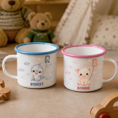 Personalized Name Alphabet Balloon Cartoon Animal Children’s Enamel Mug, 12oz Shatterproof Cup with Handle, Tin Camping Mug, Gift for Kids/Toddlers