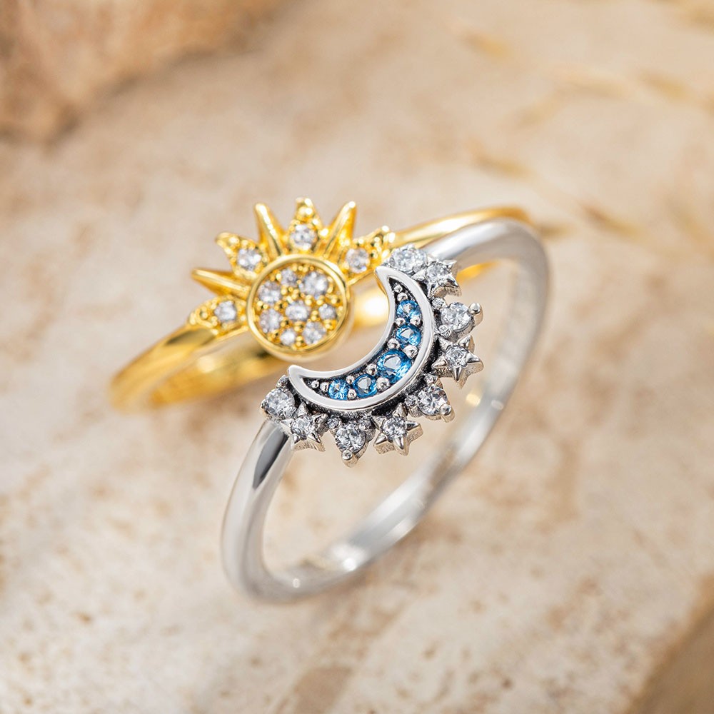 Bague de lune scintillante bleue céleste et bague de soleil scintillante dorée, bagues de couple ensemble de 2, bijoux en argent sterling 925, cadeau pour couple/jeunes mariés