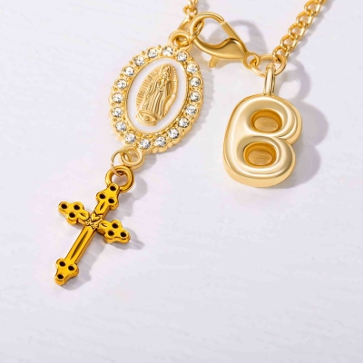 Custom Virgin Mary Cross Steering Wheel Rosary Charm with Bubble Initial, Car Accessory, Baptism/Christmas Gift for Christian Family/Friends/Drivers