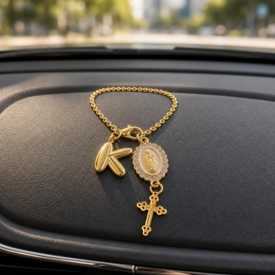 Custom Virgin Mary Cross Steering Wheel Rosary Charm with Bubble Initial, Car Accessory, Baptism/Christmas Gift for Christian Family/Friends/Drivers