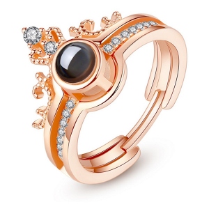 Personalized Photo&100 Languages Crown Projection Ring Set Rose Gold