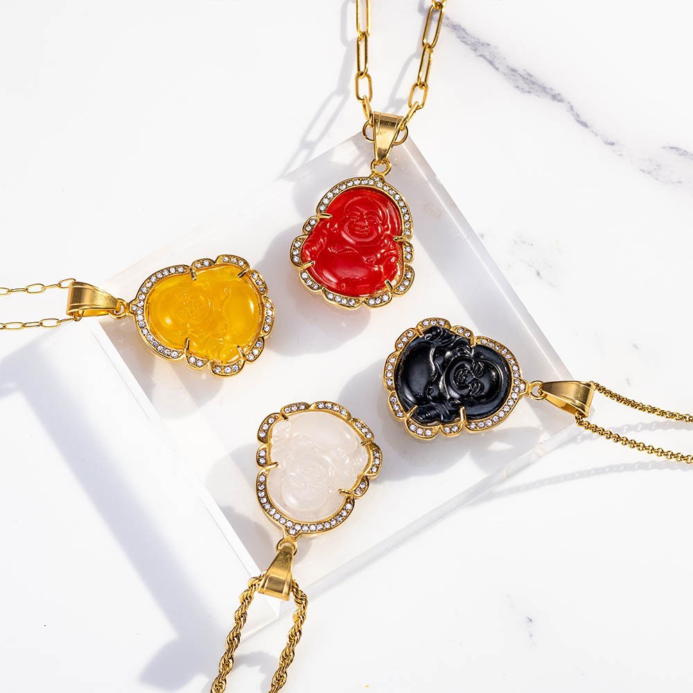 Multicolor Laughing Buddha Necklace, Jade Buddha Pendant, Stainless Steel 18K Gold Necklace, Birthday/Mother's Day Gift for Mom/Wife/Girlfriend/Friend