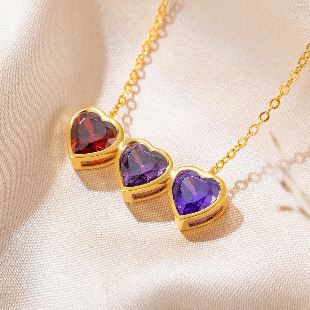 Personalized Heart Birthstone Necklace, Multiple Heart Shape Birthstone Jewellery, Sterling Silver 925 Necklace, Dainty Jewelry, Gifts for Her