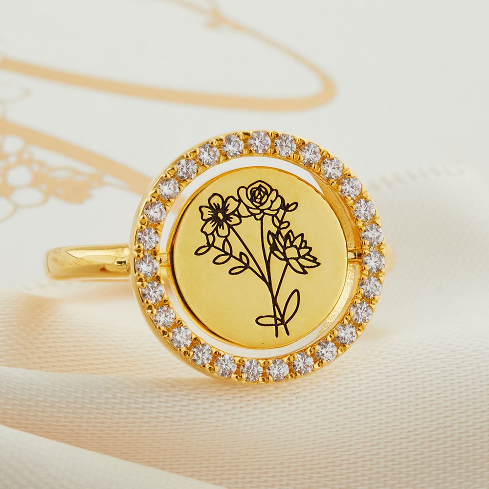 Personalized Birth Flower Ring, Custom Combined Floral Ring, Small Disc Ring, Family Jewelry, Birthday/Christmas Gifts, Gift for Mom/Grandmom/Her