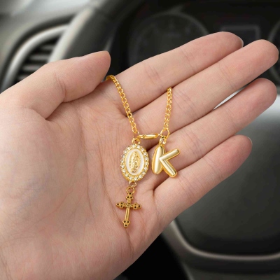 Custom Virgin Mary Cross Steering Wheel Rosary Charm with Bubble Initial, Car Accessory, Baptism/Christmas Gift for Christian Family/Friends/Drivers