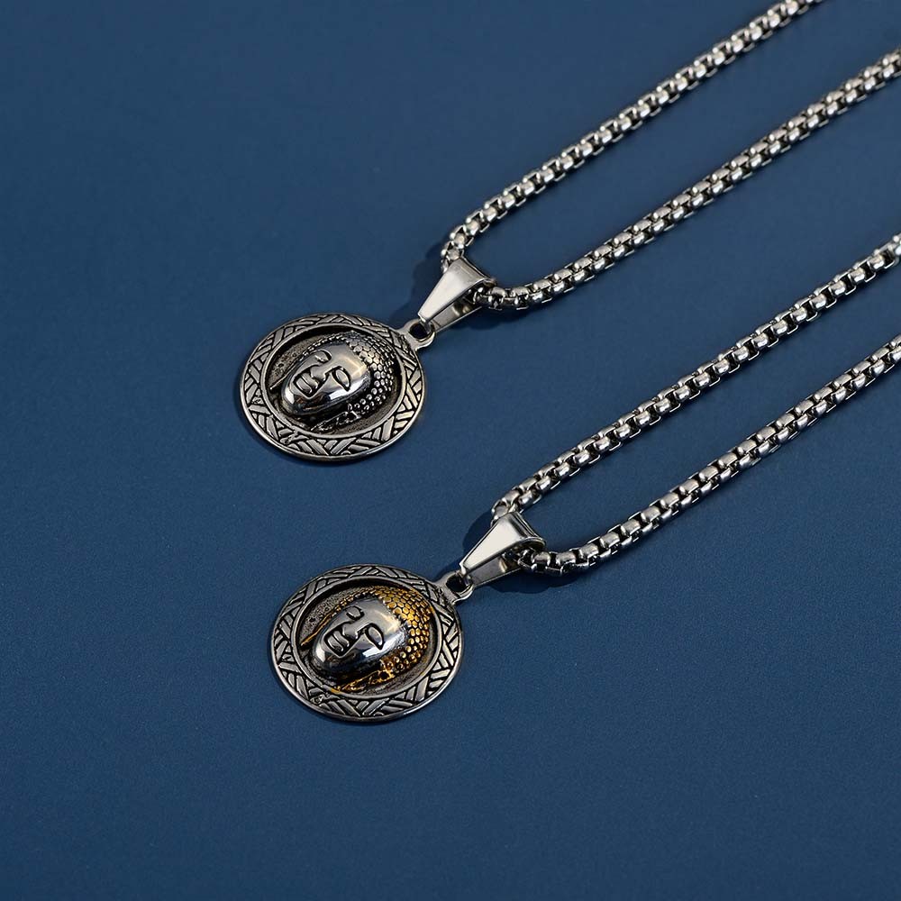 Buddha Head Pendant Necklace, Stainless Steel Waterproof Men's Necklace, Buddhist Jewelry Lucky Amitabha Amulet, Gift for Father/Husband/Boyfriend/Men