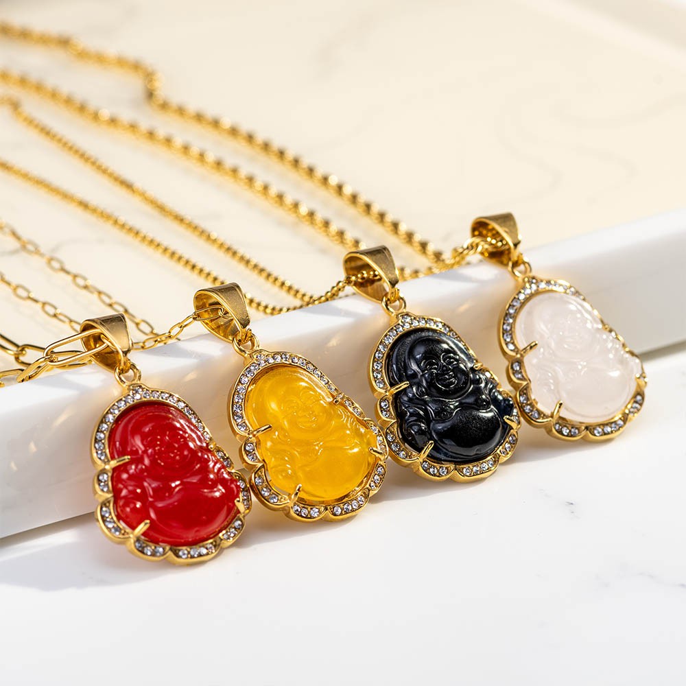Multicolor Laughing Buddha Necklace, Jade Buddha Pendant, Stainless Steel 18K Gold Necklace, Birthday/Mother's Day Gift for Mom/Wife/Girlfriend/Friend