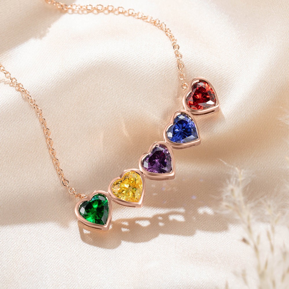 Personalized Heart Birthstone Necklace, Multiple Heart Shape Birthstone Jewellery, Sterling Silver 925 Necklace, Dainty Jewelry, Gifts for Her