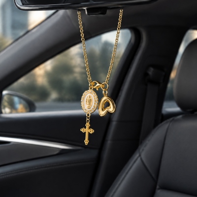Custom Virgin Mary Cross Steering Wheel Rosary Charm with Bubble Initial, Car Accessory, Baptism/Christmas Gift for Christian Family/Friends/Drivers