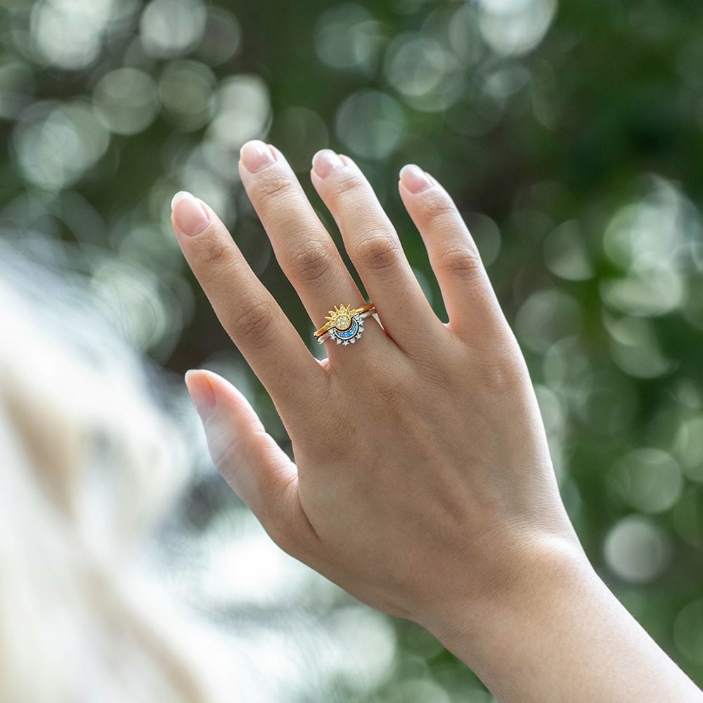 Bague de lune scintillante bleue céleste et bague de soleil scintillante dorée, bagues de couple ensemble de 2, bijoux en argent sterling 925, cadeau pour couple/jeunes mariés