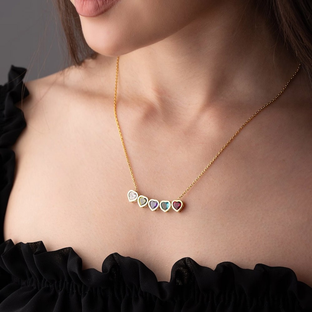Personalized Heart Birthstone Necklace, Multiple Heart Shape Birthstone Jewellery, Sterling Silver 925 Necklace, Dainty Jewelry, Gifts for Her