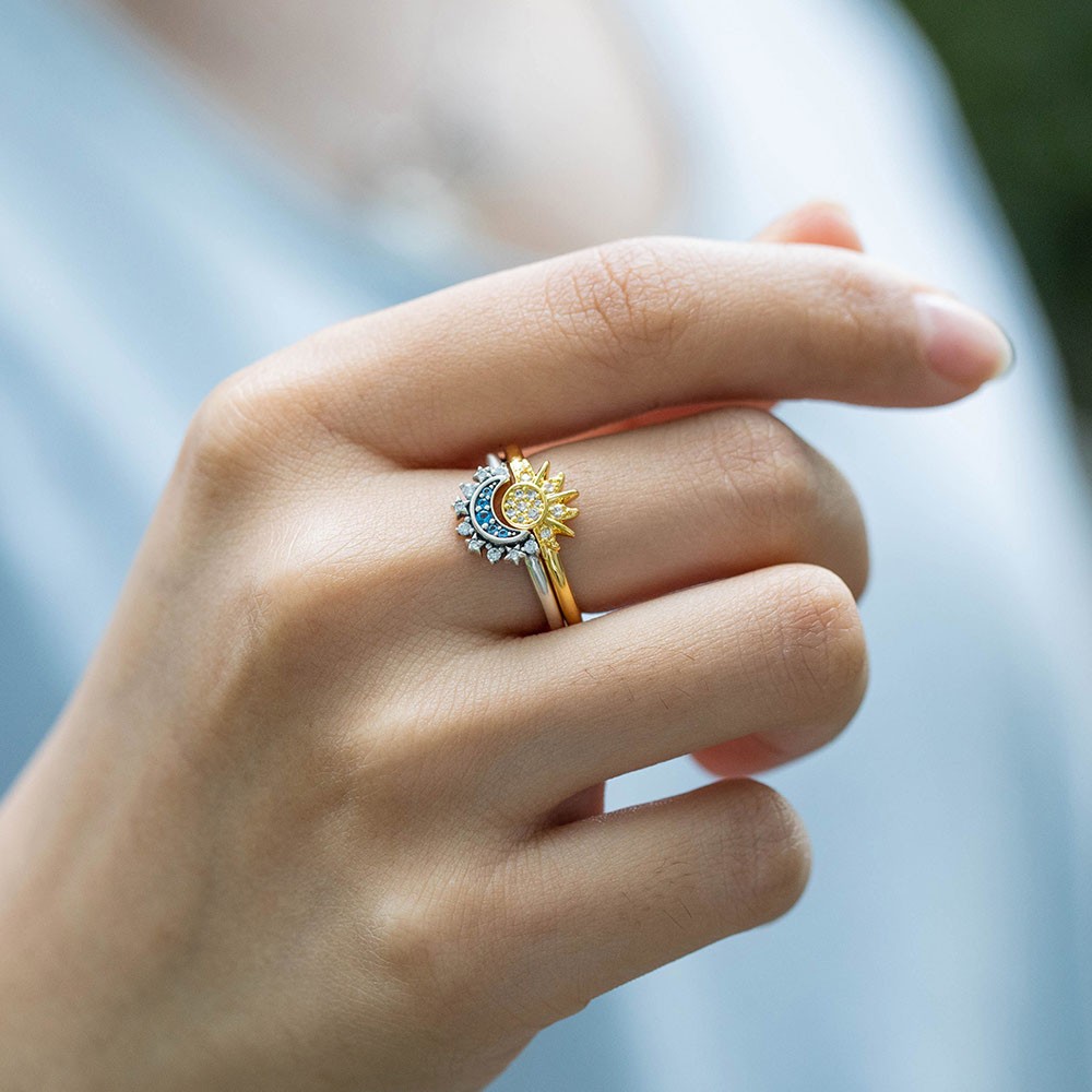 Bague de lune scintillante bleue céleste et bague de soleil scintillante dorée, bagues de couple ensemble de 2, bijoux en argent sterling 925, cadeau pour couple/jeunes mariés
