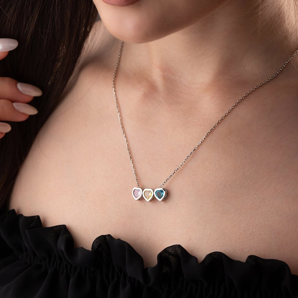 Personalized Heart Birthstone Necklace, Multiple Heart Shape Birthstone Jewellery, Sterling Silver 925 Necklace, Dainty Jewelry, Gifts for Her