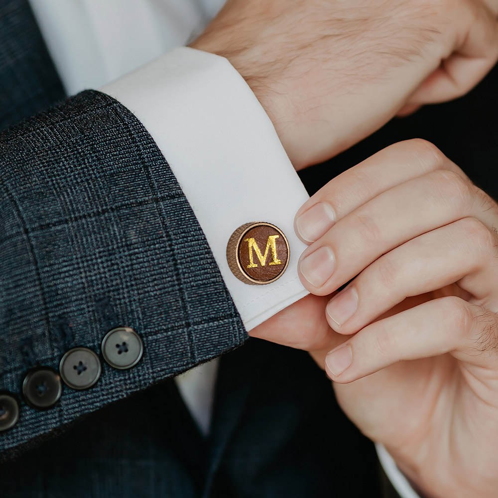 Personalized Initials Knurled Brass Leather Cufflinks, Men's Monogram Cufflinks, Father's Day/Wedding/Christmas Gift for Him/Father/Groomsman/Friend
