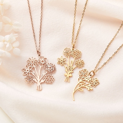 Personalized Birth Flower Bouquet Necklace, Sterling Silver Floral Family Necklace, Women's Jewelry, Birthday/Mother's Day for Mom/Her/Family