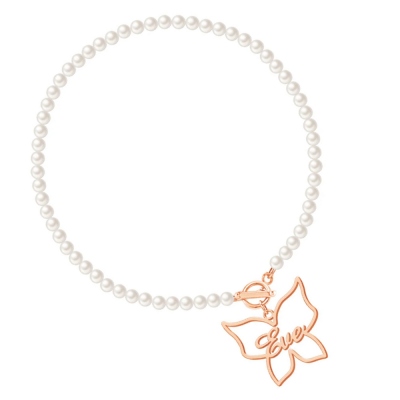 Butterfly Necklace with Personalized Handmade Nameplate, Freshwater Pearl Chain Necklace, White Pearl Choker Monogram Butterfly Necklace