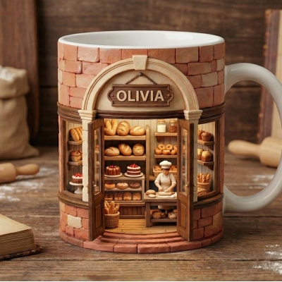 Personalized Mini Bakery Design Mug with Name, Cute Bread Shop Illustration Cup, 11oz/15oz Two Tone Ceramic Coffee Mug, Birthday Gift for Baking Lover