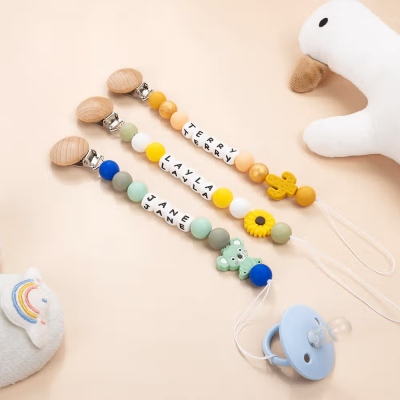 Personalized Nature Country Animal Design Pacifier Clip Holder with Name Beaded Dummy Chain Birthday Baby Shower Gift for Newborn