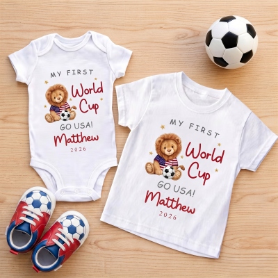 Personalized My First World Cup Lion Bodysuit/Sleepsuit/T-Shirt, Custom Soft Cotton Infant Outfit with Slogan/Name/Year, Baby Shower/Game Day for Baby