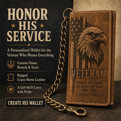 Personalized Veteran Tri-Fold Wallet with Chain – Custom Name, Military Branch & Years of Service