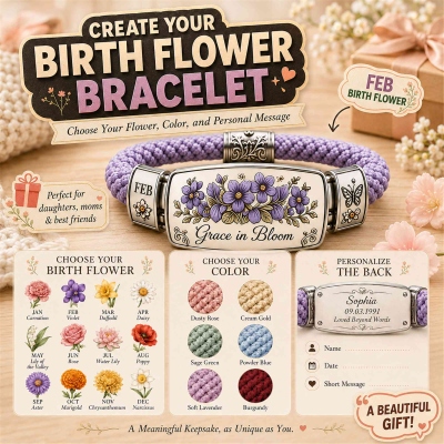 Personalized Engraved Birth Flower Bracelet with Name Date & Message, Meaningful Braided Cord, Birthday Gift for Women/Girls