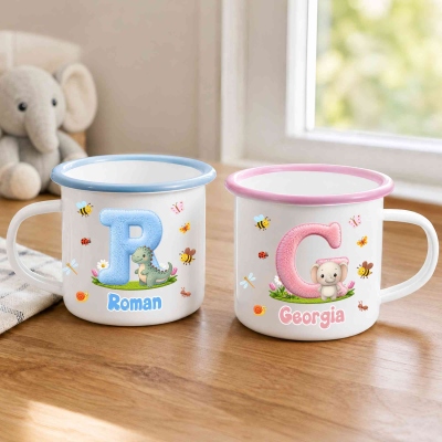 Personalized Name Plush Alphabet Cartoon Animal Children's Enamel Mug, 12oz Shatterproof Cup with Handle, Tin Camping Mug, Gift for Kids/Boys/Girls
