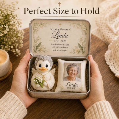 Personalized Christian Angel Duck Figurine Set, Photo Pillow & Decorative Tin Box, Memorial Home Decor, Remembrance Gift for Loss of Loved One