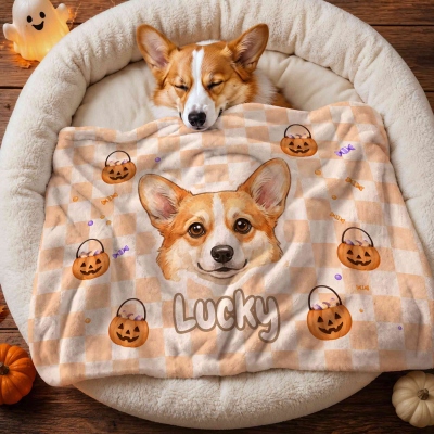 Personalized Watercolor Photo Pet Portrait Blanket with Name, Dog/Cat Halloween Pumpkin Candy Checkered Blanket, Keepsake Gift for Pet Owners/Him/Her