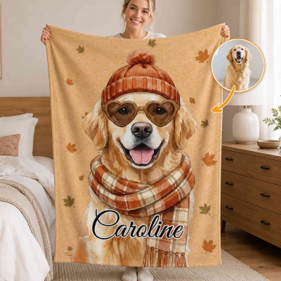 Personalized Fall Cartoon Pet Photo Maple Leaf Soft Throw Blanket with Name, Home Decor, Birthday Gift for Pet Owner Lover