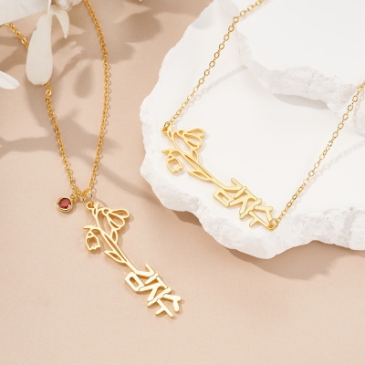 Custom Birth Flower Korean Name Necklace with Birthstone, Dainty Floral Sterling Silver Pendant, Memorial Jewelry, Birthday/Mother's Day Gift for Her
