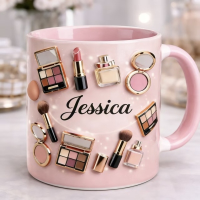 Personalized Makeup-Themed Mug with Name, 11/15oz Two Tone Ceramic 3D Cosmetic Coffee Mug with Handle, Birthday Gift for Her/Besties/Makeup Artists