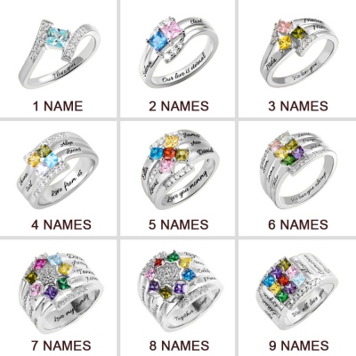 Customized One to Nine Square Birthstones Silver Engraved Ring