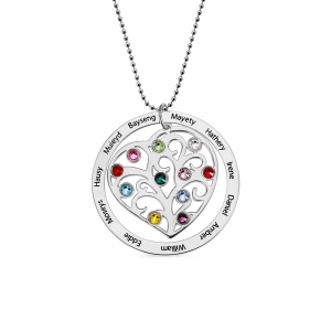 Personalized Family Tree Birthstone Silver Necklace, Gift for Mom