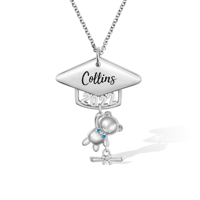 Custom Name Class of 2022 Graduation Bear Necklace, Sterling Silver/Brass Bachelor Cap Bear Necklace, Graduation Gift for Boy/Girl/Student