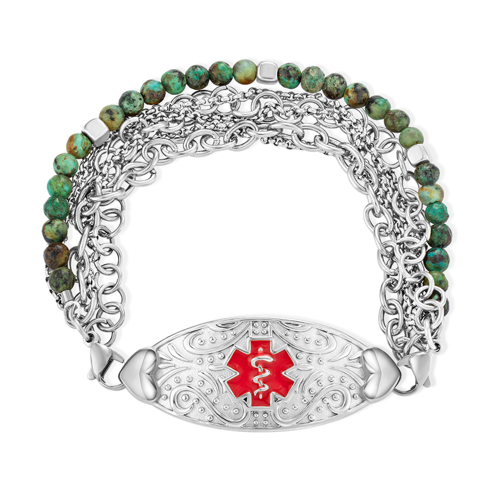 Personalized Medical Alert ID Bracelet with Turquoise Beads, Stainless Steel Emergency Identification Bracelet, Elegant Medical Bracelets Jewelry