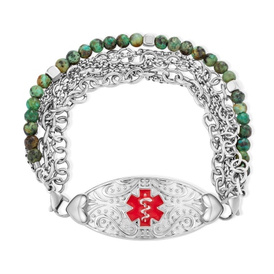 Personalized Medical Alert ID Bracelet with Turquoise Beads, Stainless Steel Emergency Identification Bracelet, Elegant Medical Bracelets Jewelry