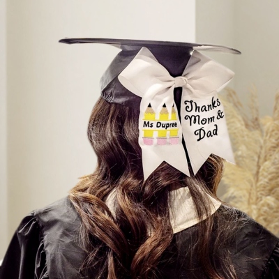 Custom Teacher Graduation Cap Bow 2023, Pencil Grad Cap Bow, Graduation Cap Decor, Cheer Bow, Examenpresent till dotter/student