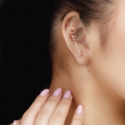 Boucles d’oreilles à crochet chenille avec nom personnalisé, boucles d’oreilles en argent sterling Climber Helix, bijoux minimalistes, cadeau de Saint-Valentin/anniversaire pour elle/femme