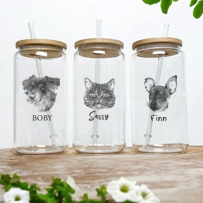 Nom personnalisé Pet Portrait Glass Up, verre de canette de soda personnalisé de 16 oz, gobelet avec paille et couvercle en bambou, cadeau de pendaison de crémaillère, cadeau pour amoureux/propriétaire d'animaux de compagnie