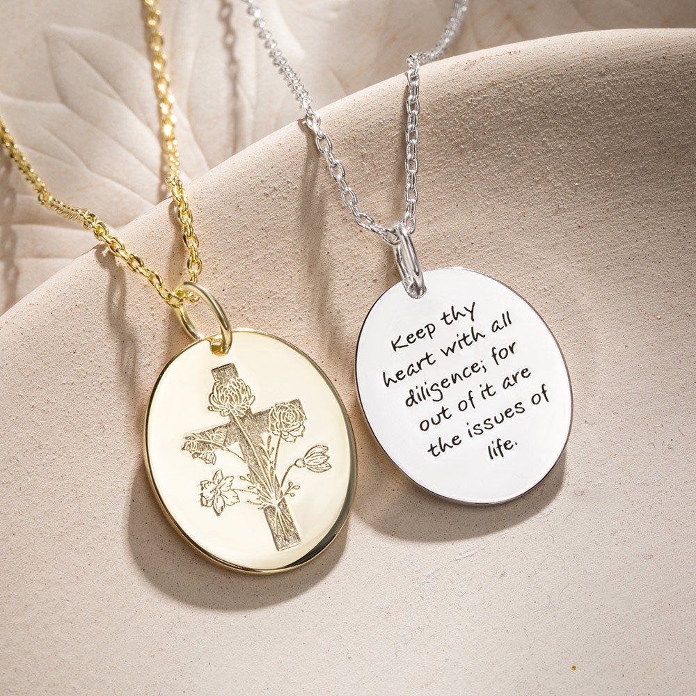 Collier personnalisé avec croix de fleurs de naissance, en argent sterling 925, bouquet de fleurs du mois de naissance, collier avec versets bibliques, cadeau d'anniversaire/Noël/spirituel pour femme