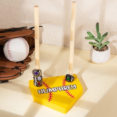 Personalized Baseball Softball Championship Ring Display, Custom Name & Number Wooden Homeplate Stacked Ring Holder, Gift for Team/Player/Sport Lover