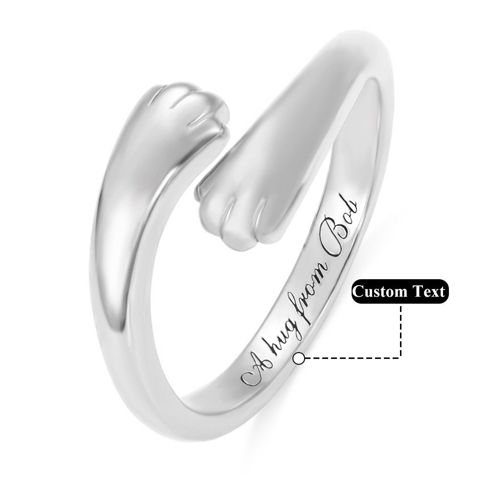 Personalized Sterling Silver 925 Cute Cat Paw Hug Ring with Engraved Text, Open Adjustable Paw Print Ring, Anniversary/Birthday Gift for Cat Lovers