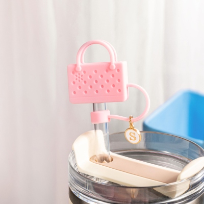 Personalized Beach Bag Straw Cover Topper with Initial Charm, Silicone Cup Accessories for 30/40oz Tumbler, Gift for Her/Family/Friends