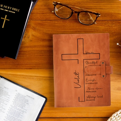 Custom Name Cross Leather Notebook Case Set, Inspirational Bible Verses A5 Protective Cover & Spiral Notebook, Birthday/Baptism Gift for Family/Friend