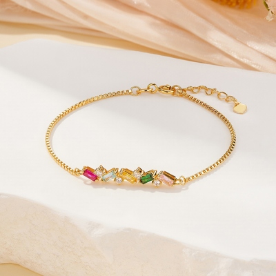 Personalized 2-7 Baguette Birthstones Bracelet, Minimalist Zig Zag Family Birthstones Jewelry, Birthday/Mother's Day Gift for Her/Mom/Women
