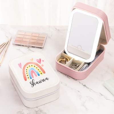 Personalized Name Watercolor Rainbow Makeup Box with Three-Color LED Light Mirror, PU Leather Travel Makeup Jewelry Box, Gift for Her/Mom/Bridesmaids