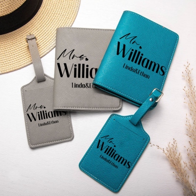 Personalized Name Mr & Mrs Passport Holder Set, Leather Passport Cover & Luggage Tag, Honeymoon Travel Accessories, Wedding Gift for Newlyweds/Couple