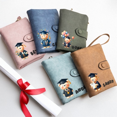 Personalized Cartoon Graduation Bear Wallet with Name, PU Leather Card Holder with Wrist Strap, Gift for Graduates/Students/Family/Friends