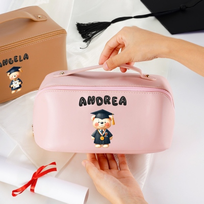 Personalized Name Cute Graduation Bear Travel Makeup Bag, Open Flat Leather Cosmetic Bag with Divider & Handle, Gift for Graduates/Family/Friends